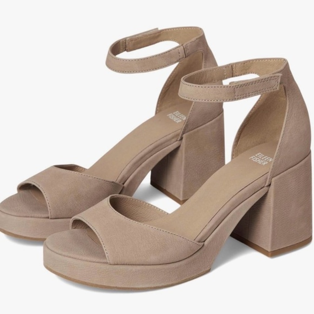 Eileen Fisher Women's Leather Nava Heeled in Tan Sandals With Box Size 9.5